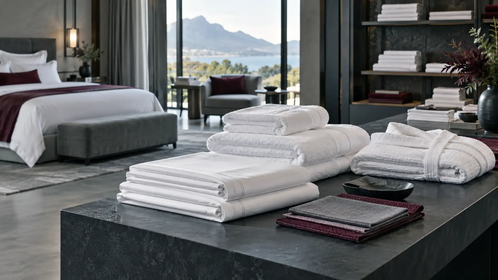 Folded white sheets, towels and a bathrobe ready in a hotel suite by Linen and Co